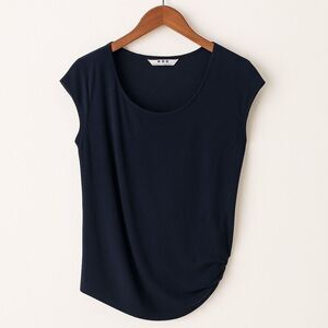 Three Dots Navy Blue Draped Top Women’s Medium Cap Sleeve Shirt Made in USA
